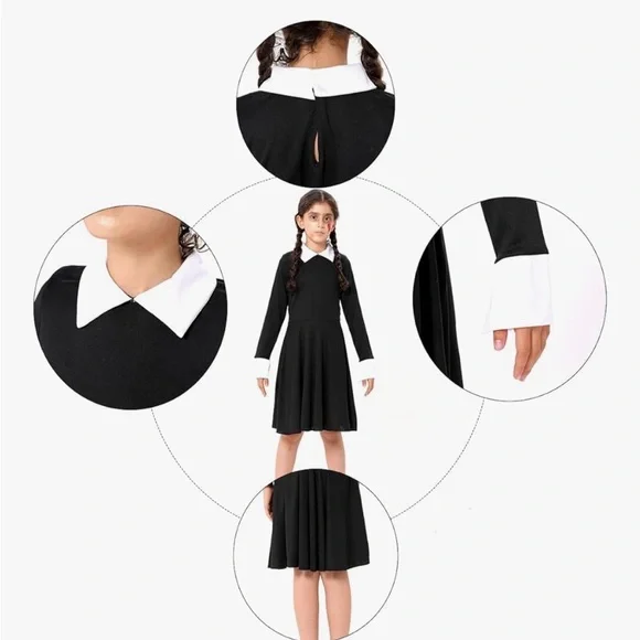 Berline Girls Wednesday Addams Costume Dress Black Peter Pan Collar Size M New - Picture 5 of 7